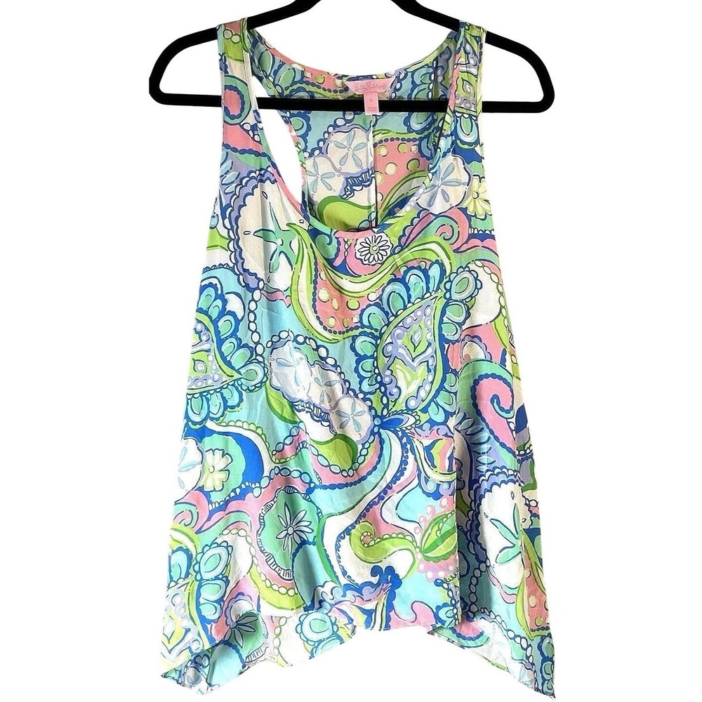 Lilly Pulitzer Sarina 100% Silk Tank Top XL Conch Republic Coastal Preppy Cami